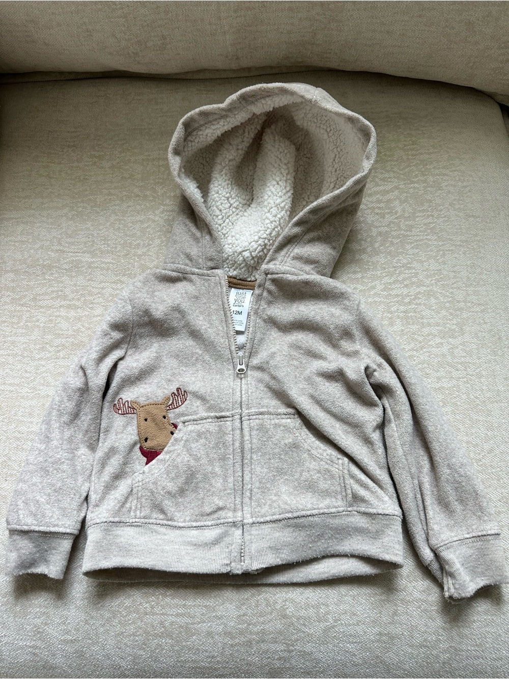 Cozy Kids Beige Sherpa-Lined Hoodie with Moose Applique